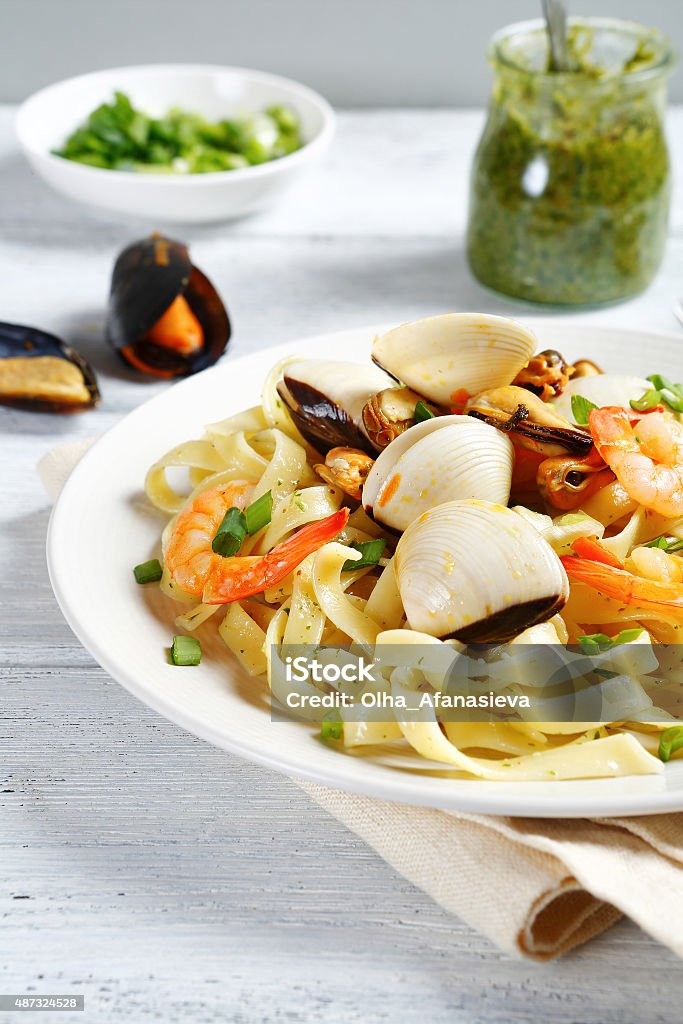 Pasta with seafood on a plate Pasta with seafood on a plate, food Seafood Stock Photo