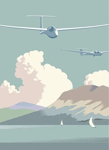 Vector illustration of Gliders flying over countryside