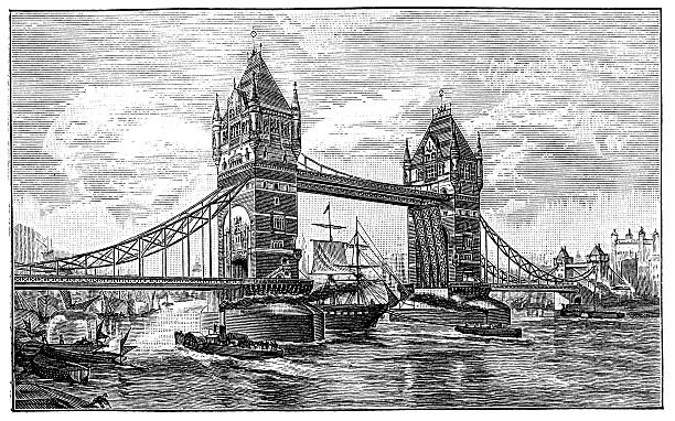 ilustraciones, imágenes clip art, dibujos animados e iconos de stock de anticuario ilustración de tower bridge - river passenger ship nautical vessel military ship