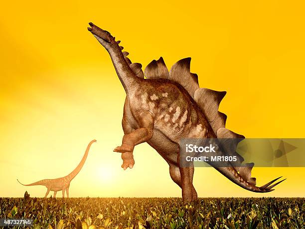 Stegosaurus And Mamenchisaurus Stock Photo - Download Image Now - Animal, Digitally Generated Image, Dinosaur
