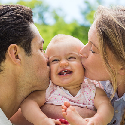 Close-up of young parents kissing their cute little baby at the park