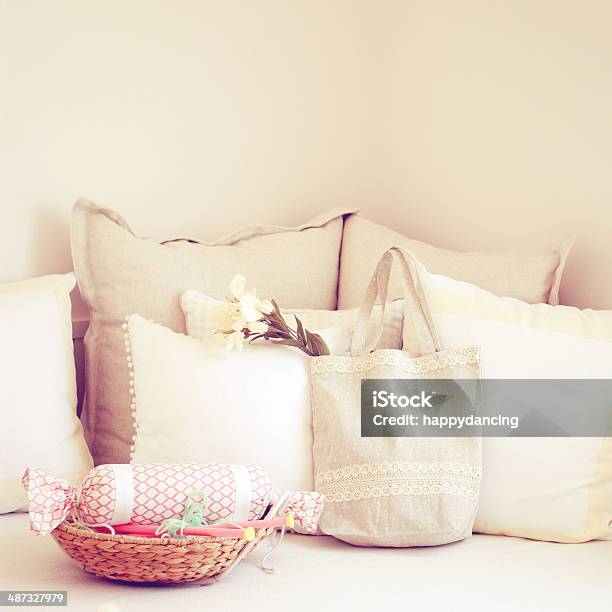 Knitting Needles In Basket And Cute Tote Bag On Bed Stock Photo - Download Image Now