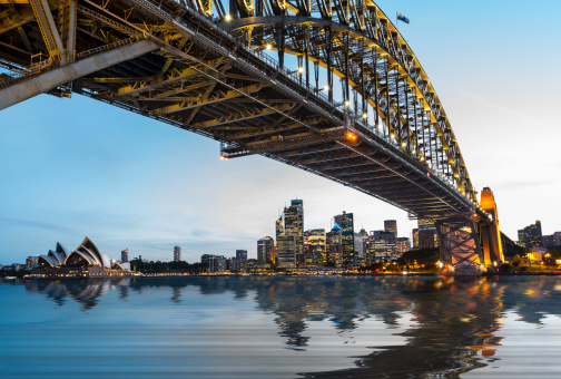 Dramatic widescreen panoramic image of the city of Sydney at sunset with bridge in foreground. Includes the Rocks, Bridge, Opera House, and a broad view of CBD and the water in the harbour