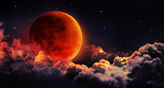 planetary moon red blood with clouds