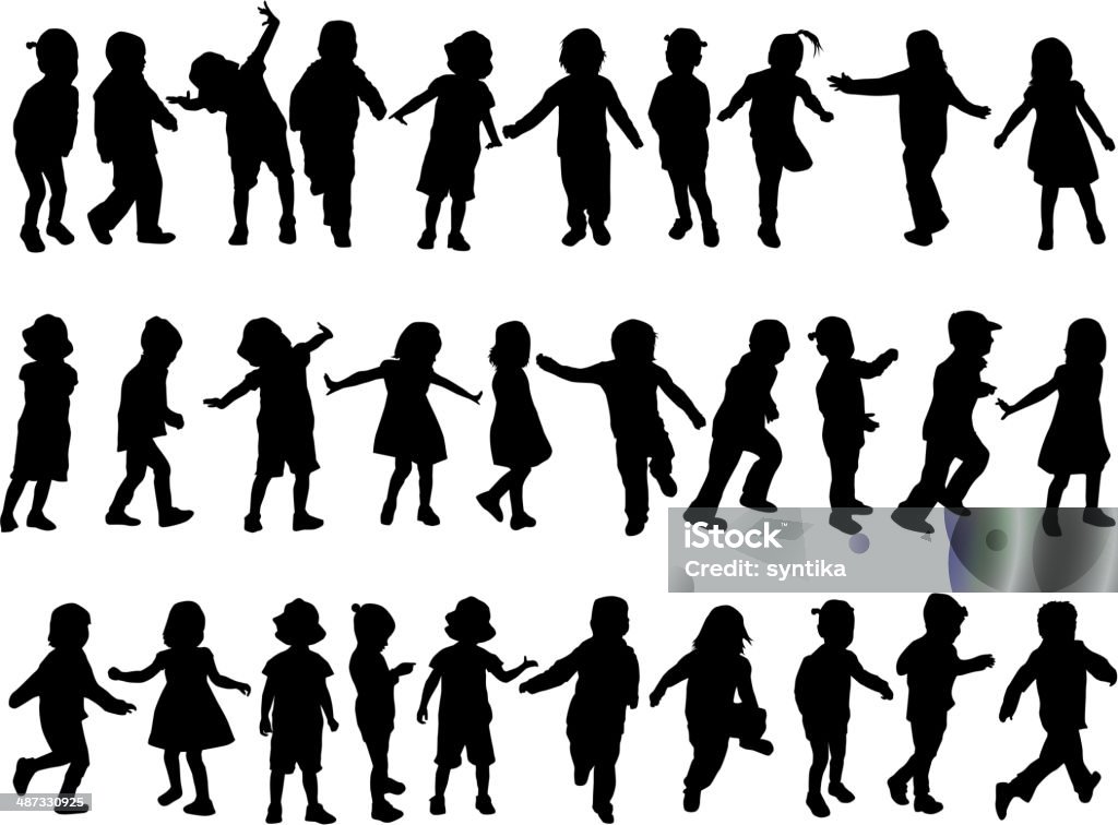 Three rows of black silhouetted children playing children silhouettes Playful stock vector