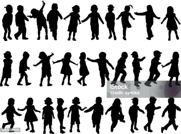 Three Rows Of Black Silhouetted Children Playing Stock Illustration - Download Image Now - Playful, Baby - Human Age, Child