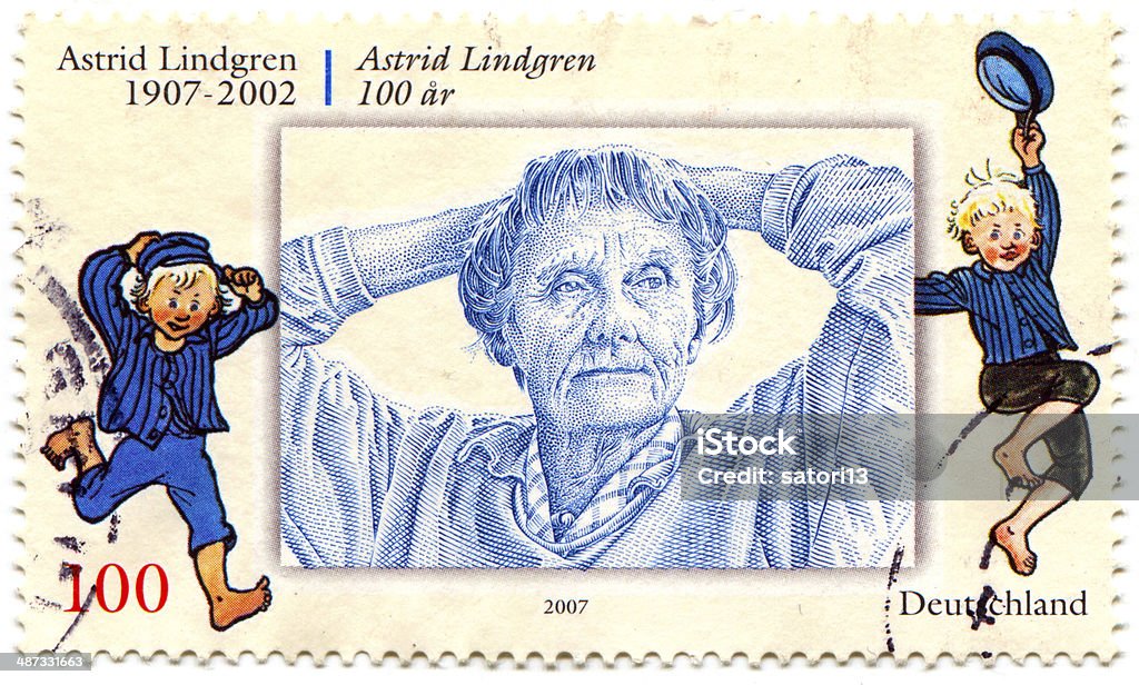 Astrid Anna Emilia Lindgren postage stamp printed in Germany shows image portrait of famous Swedish writer of fiction and screenplays Astrid Anna Emilia Lindgren Astrid Lindgren Stock Photo