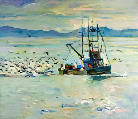 Original oil painting of  fishing boat(ship) in ocean surrounded by seagulls on canvas.Modern Impressionism