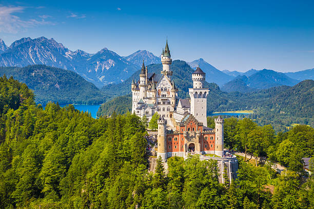 famoso castillo de neuschwanstein con vista panorámica de las montañas cerca de paisaje - munich alemania fotografías e imágenes de stock