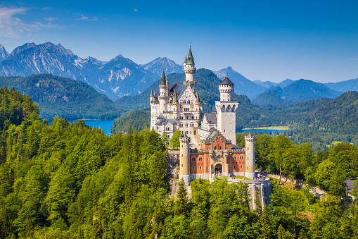 Neuschwanstein, Germany - 1 February, 2019: Beautiful view of world-famous Neuschwanstein Castle, Germany