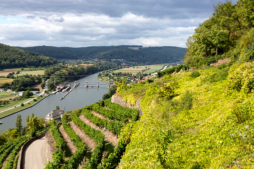 panorama of the Neckar valley in Baden-Wuerttemberg, Germany, with floodgate