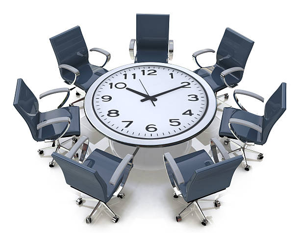 tiempo de reuniones-mesa redonda con una esfera de reloj - table chair white curve fotografías e imágenes de stock