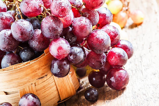istock Purple round ripe grapes in a wicker basket 487355320