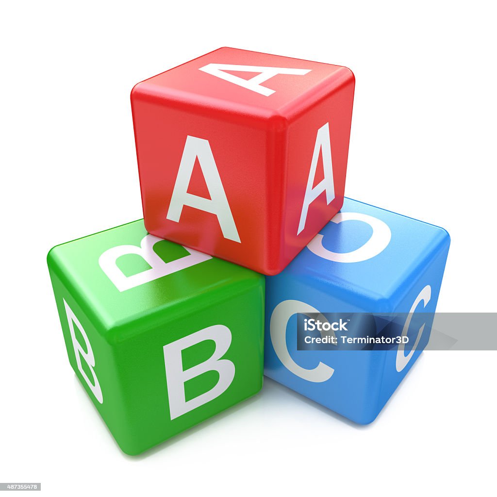 Back to school and education concept: ABC color glossy cubes Back to school and education concept: ABC color glossy cubes with letters isolated on white background Toy Block Stock Photo