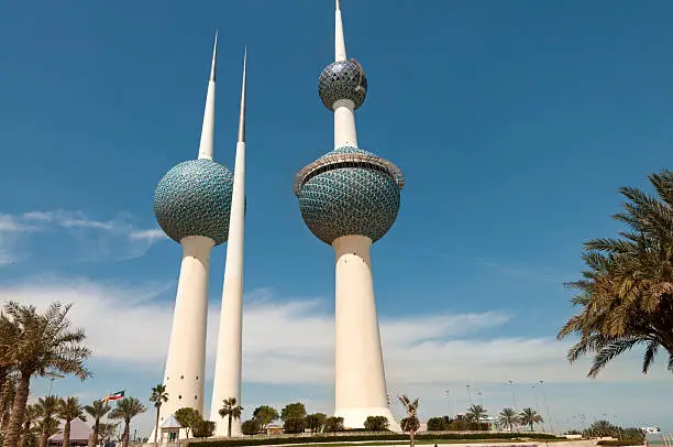 Kuwait Towers, A Kuwaiti national landmark. The highest tower has a viewing sphere for observation and a restaurant. The other tower serves as a water tower. Now it is fully restored again after the destruction by Iraqi invaders several years ago.