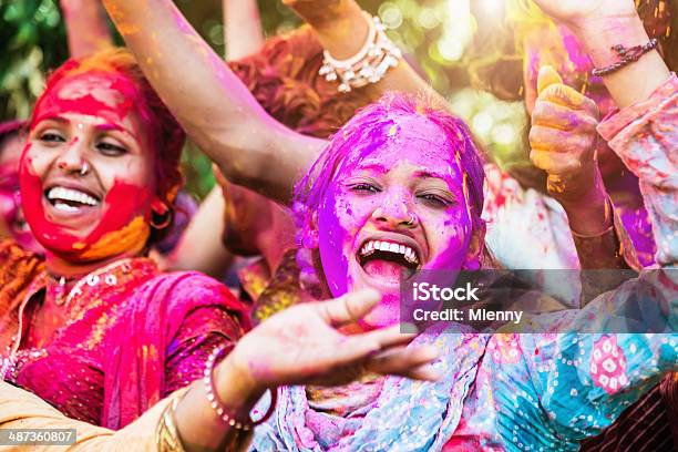 Happy Holi Friends Celebrating Stock Photo - Download Image Now - 20-29 Years, Adult, Adults Only