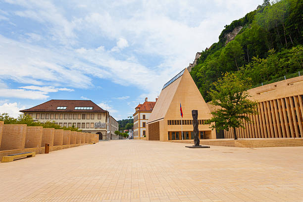 Main street in downtown Liechtenstein kingdom capital Vaduz, tiny country in Europe