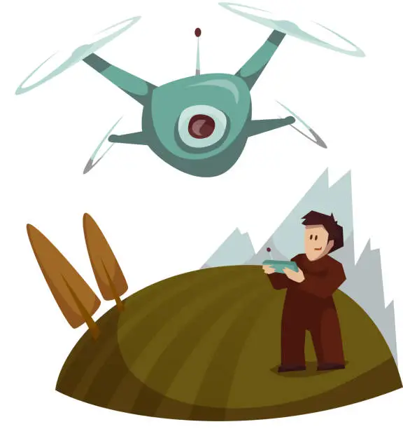 Vector illustration of Dron with camera flying and man control it. Vector illustration