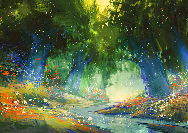 mystic blue and green forest,fantasy atmosphere mystic blue and green forest with a fantasy atmosphere,illustration painting acrylic painting illustrations stock illustrations