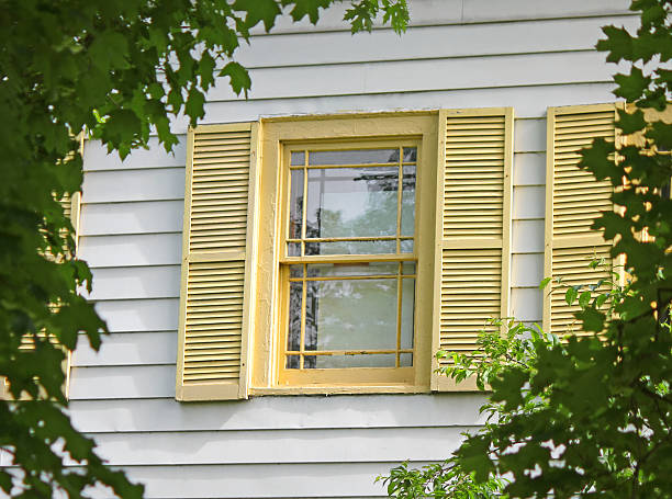istock Window with Yellow Shutters in frame of green leaves 487371632