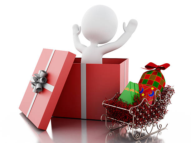 3 d wei�ß personen in einer geschenkverpackung. weihnachts-konzept - christmas three dimensional shape small men stock-fotos und bilder