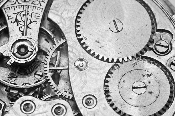 istock Black and white macro photo close-up view of metal clockwork 487375992