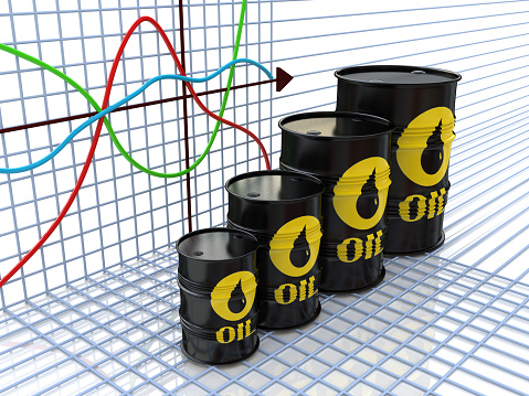 One row of oil barrels and a financial chart on background (3d render) in the design of the information related to the economy