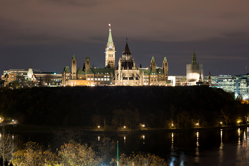 Parliament Hill in Ottawa at night.