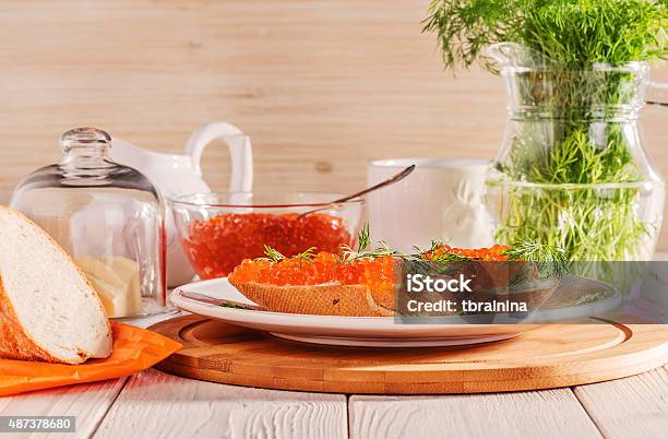 Sandwich With Red Caviar Butter And Dill Stock Photo - Download Image Now - 2015, Appetizer, Baguette