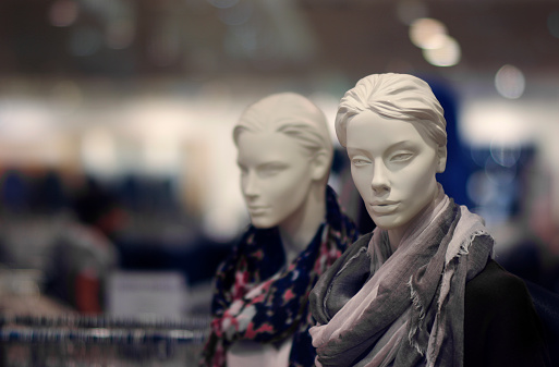 Two mannequins standing in shop window. In background is out of focus store interior.