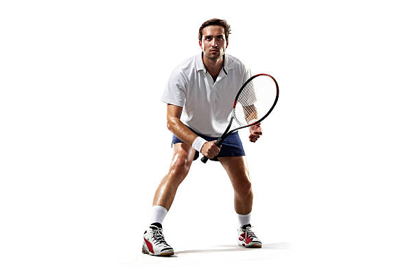 isolato su bianco ragazzo è giocare a tennis - tennis men indoors serving foto e immagini stock