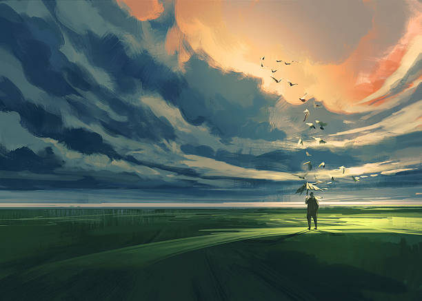 man standing alone in the meadow painting of man holding an umbrella standing alone in the meadow watching at the cloudy horizon watercolor painting landscapes stock illustrations