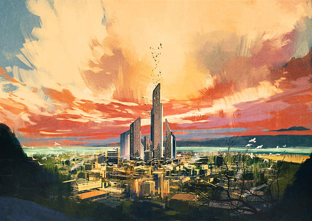 futuristische sci-fi und wolkenkratzer der stadt bei sonnenuntergang - oil painting illustrations stock-grafiken, -clipart, -cartoons und -symbole