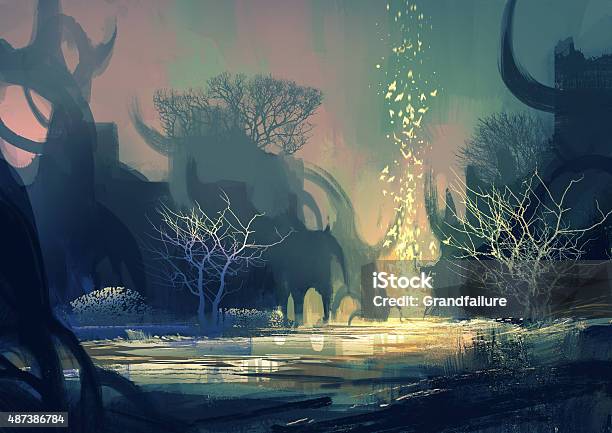 Fantasy Landscape With A Mysterious Trees Stock Illustration - Download Image Now - Forest, Paranormal, Fantasy