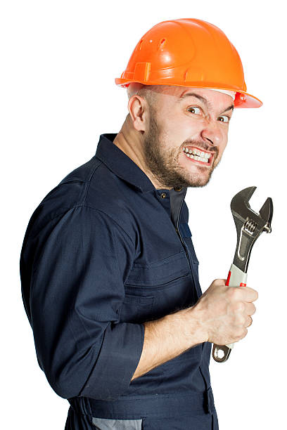 istock Funny worker in helmet with emotion on her face 487388283
