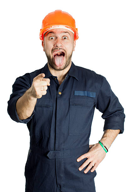 istock Funny worker in helmet with emotion on her face 487388285