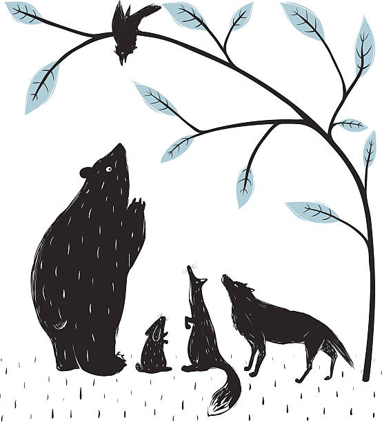 Forest Animals News Meeting Bear fox wolf rabbit crow illustration in black. Vector EPS8. silhouette of a black and white rabbit stock illustrations