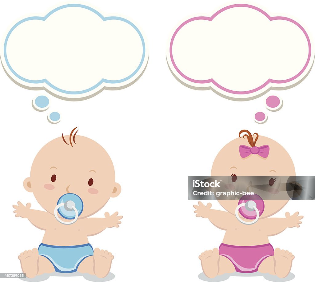 Little baby boy and baby girl Adorable babies with pacifiers and thinking bubbles. Baby - Human Age stock vector