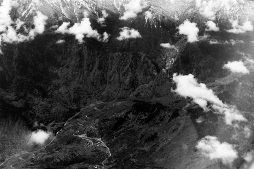 Aerial view mountains in Sichuan province, China, in black and white.