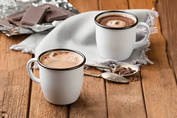 Hot chocolate with foam in two enamel mugs