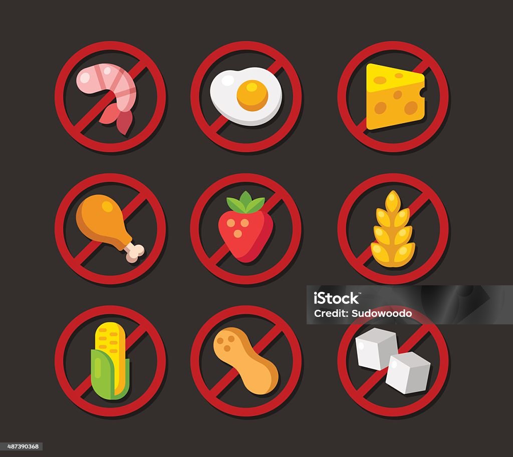 Allergen free icons Set of ingredient warning illustrations of common allergies: gluten, lactose, shellfish, nuts, corn and more. Allergy stock vector