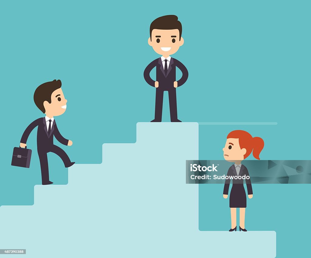 Corporate ladder and glass ceiling Cartoon business men climbing corporate ladder with woman under glass ceiling. Sexism issues in workplace. Flat vector style. Ceiling stock vector