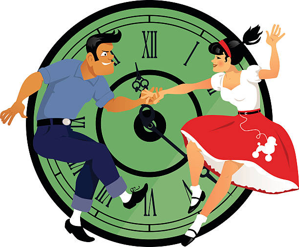 Rock around the clock  Young couple dressed in 1950s fashion dancing rock and roll, clock face on the background. rockabilly hair men stock illustrations