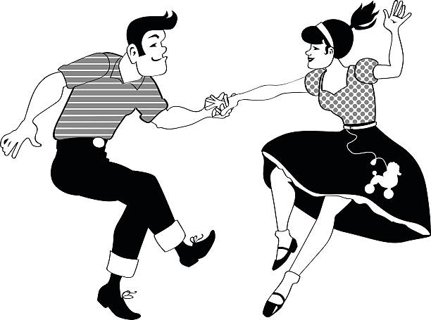 ilustraciones, imágenes clip art, dibujos animados e iconos de stock de silhouette of a rock and roll bar dancers - dancing swing dancing 1950s style couple