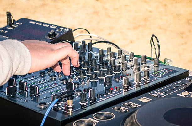istock Hand of a deejay playing music on professional mixing controller 487392943