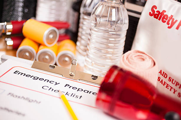 istock Emergency preparedness checklist and natural disaster supplies. 487394354