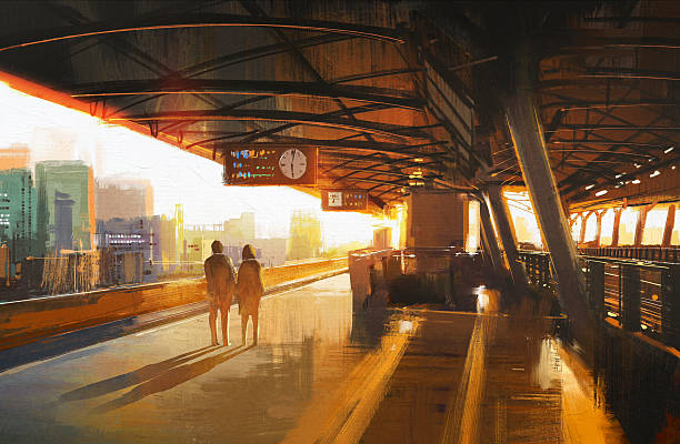 illustrations, cliparts, dessins animés et icônes de couple attend un train à la gare - oil painting illustrations