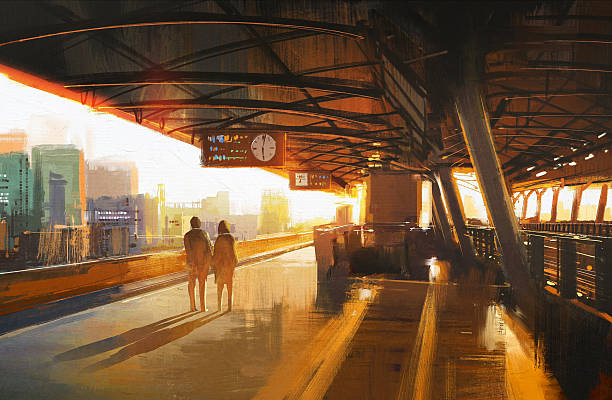 couple waiting a train on the station painting showing couple waiting a train on the station train stations stock illustrations