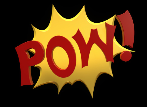 Cartoon style letters spelling the word Pow in 3d.