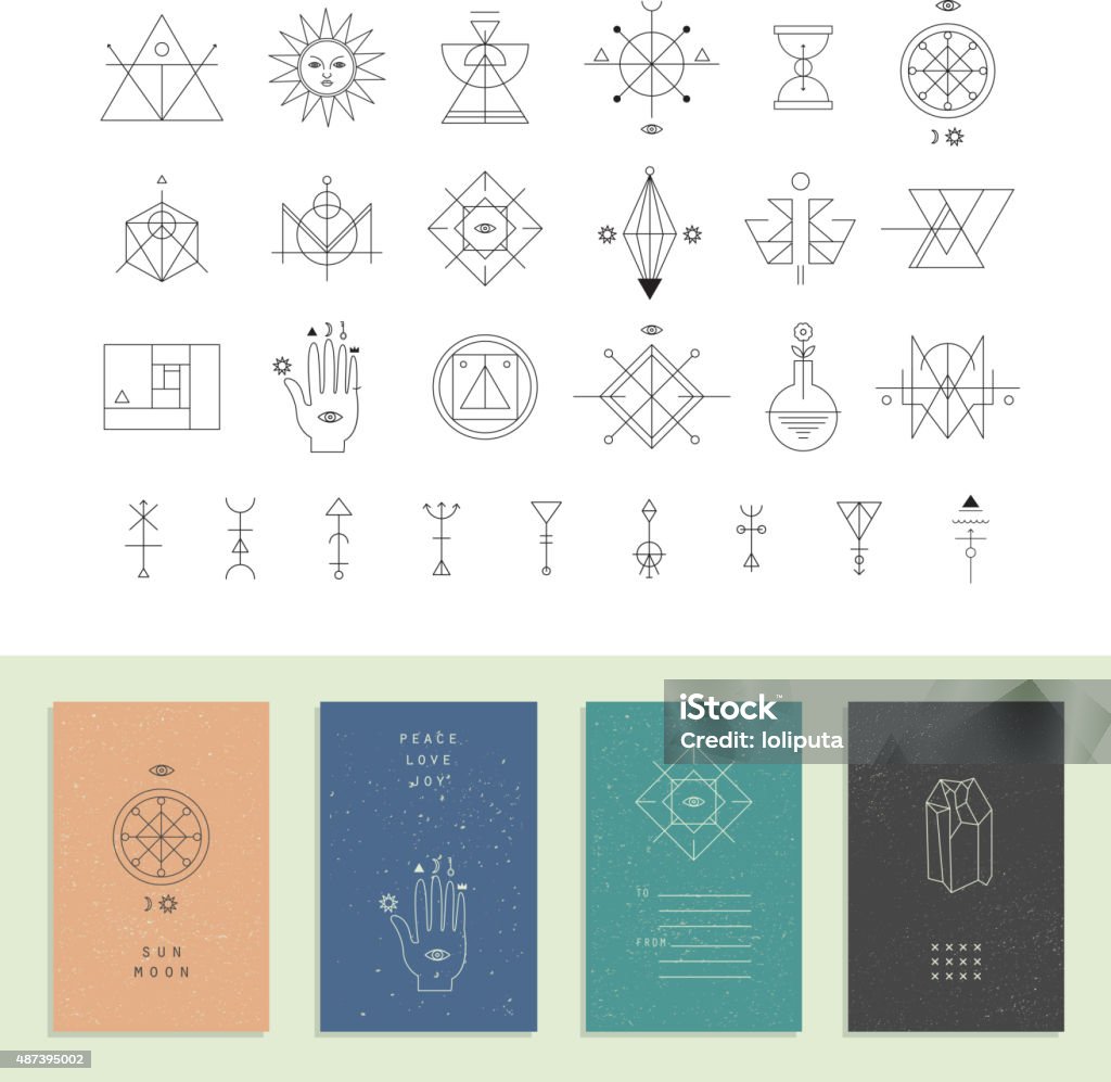 Set of vector trendy cards with geometric icons. Alchemy symbols Set of vector trendy cards with geometric icons. Alchemy symbols collection. Religion, philosophy, spirituality, occultism. Alchemy stock vector